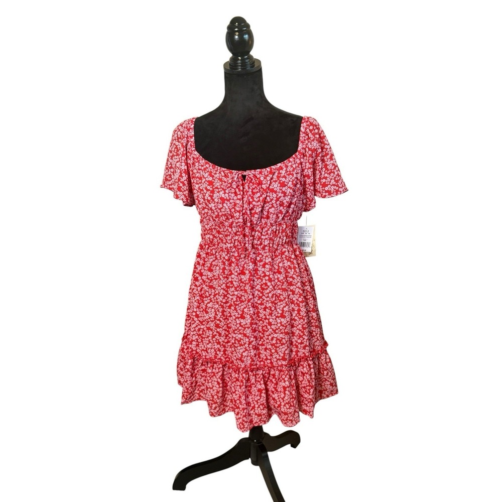 NWT Rewind Red Ditsy Floral Dress Juniors Large Milkmaid Babydoll Flowy Ruffle